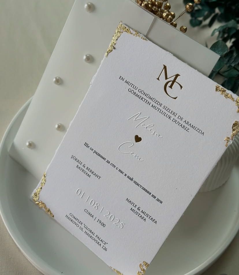 Gold-Edged Cardstock Invitation with Pearl-Covered Envelope