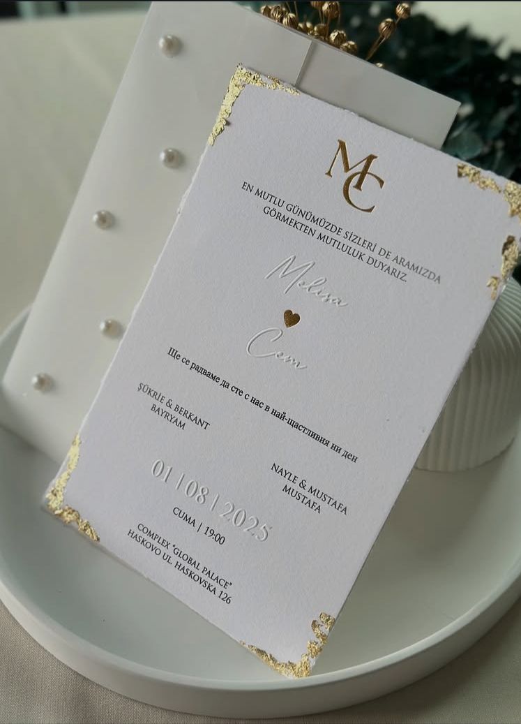 Gold-Edged Cardstock Invitation with Pearl-Covered Envelope