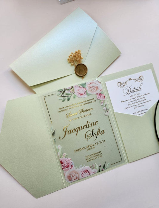 Acrylic Invitation Cards with Floral Color Printing – 40 Microns + RSVP Card + Wax Seal with Initials