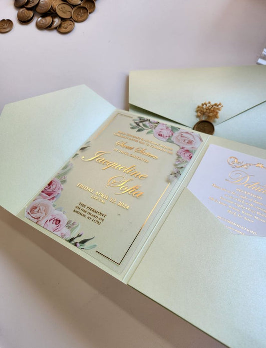 Acrylic Invitation Cards with Floral Color Printing – 40 Microns + RSVP Card + Wax Seal with Initials
