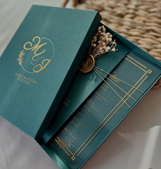 Acrylic Invitation + Envelope, Presented in a Custom Box with Couple’s Initials