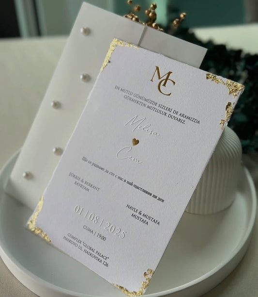Gold-Edged Cardstock Invitation with Pearl-Covered Envelope