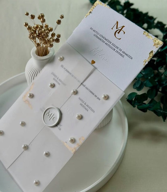 Gold-Edged Cardstock Invitation with Pearl-Covered Envelope